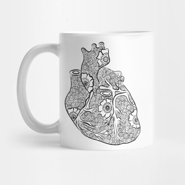 Floral Anatomical Heart Line Drawing (Black and White) by littlecurlew